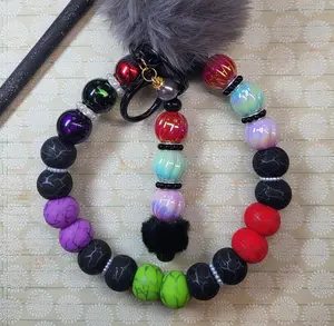 Colorful Beaded Wristlet Keychain with Pom Pom | Stainless Steel Wire Bracelet Keyring with Crackle & Iridescent Beads