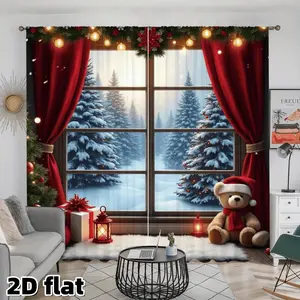 2D Flat 2Pcs Christmas Window Curtains, Red Velvet Design with Snow Scene View, Festive Home Decor, Winter Forest Pine Trees Pattern, Teddy Bear Santa Hat, Holiday Themed Blackout Panels, Rod Pocket, Living Room Bedroom Kitchen Decoration, Easy