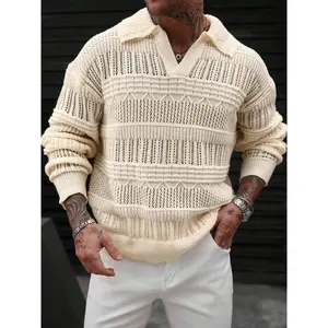 Men's Fall Winter Casual Loose-Fit Knitted Sweater, Vintage Hollow Out Design, Geometric Pattern, Thick Fabric, Ideal for Daily Wear, Long Sleeve Menswear