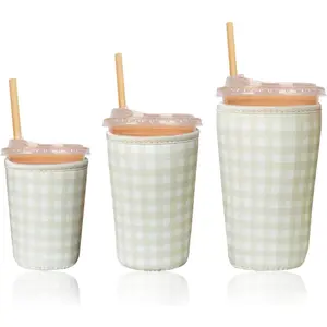 Reusable Insulated Sleeve for Iced Coffee Cup 3-Pack Neoprene Drink Sleeve for Cold & Hot Drinks Beverage Holder (Beige Gingham)