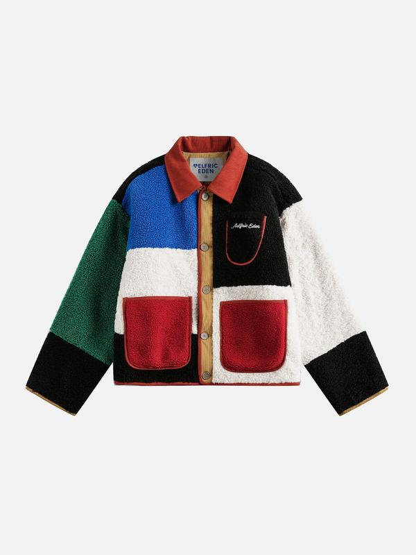 Aelfric Eden Color Block Cloud Sherpa Jacket Oversized Retro Patchwork Fleece Coat Unisex Trendy Streetwear Outerwear Warm Winter Jacket