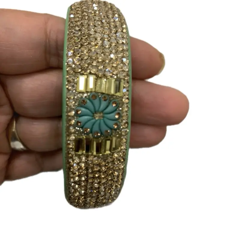 Kara Women's Crystal and Green Lakh Broad Bangle with Decorative Design and Green Band