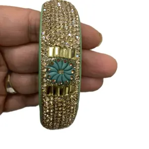 Kara Women's Crystal and Green Lakh Broad Bangle with Decorative Design and Green Band