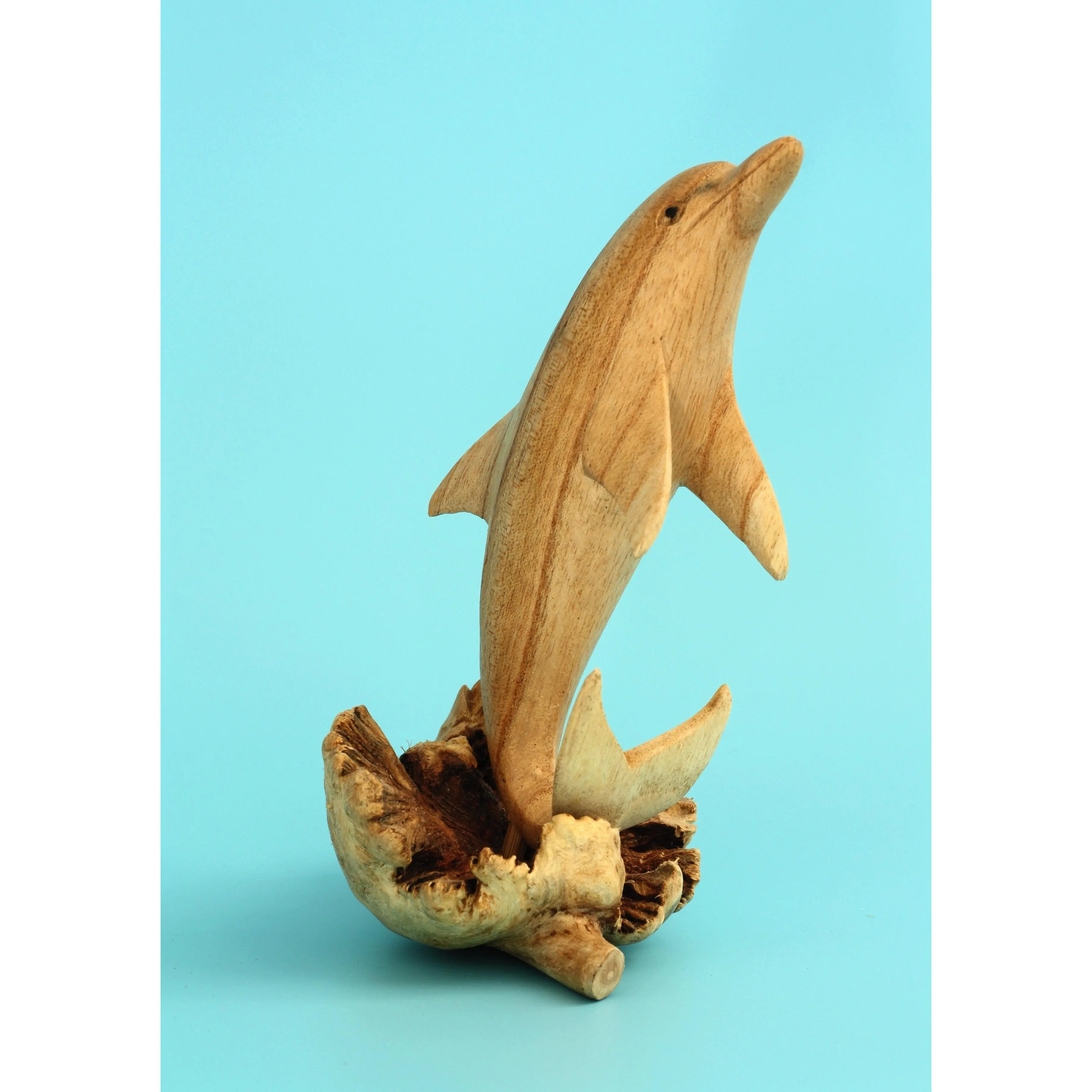 Wooden Hand Carved Single Dolphin Statue Sculpture Wood Decor Fish Figurine Handcrafted Handmade Seaside Tropical Nautical Ocean Coastal Decoration