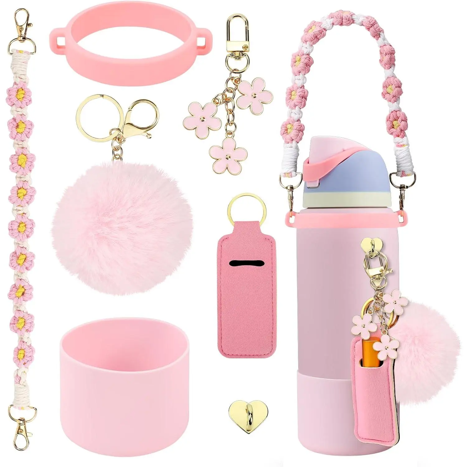 Compatible for  Accessories Bundle:  Boot for 24oz & 32oz Bottles, Charms, Handle, Strap, Rubber Bottoms, and Decorative Add-ons for Your Compatible for  Water Bottle, Pink