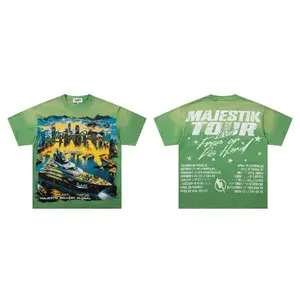 MAJESTIK Unisex Oversized Short-Sleeve Sports T-Shirt - American High-Street, Vintage Wash, Distressed Raw Edges, Heavy-Duty Rhinestone Embellishments, Y2K Hip Hop Streetwear, 2026 Summer Coachella Top Slim Shape Men's Moisture Wicking