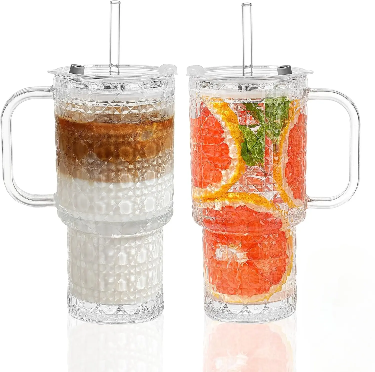 17oz/26oz Glass Tumbler with Handle, Lid, Straw & Coasters – Set of 2 Reusable Iced Coffee Cups, Clear Coffee & Cold Beverage Drinkware for Smoothies, Juice, Tea, Home Kitchen & Outdoor Use, Perfect Gift for Coffee & Tea Lovers