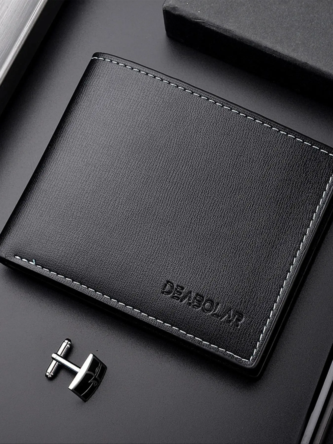Men's Chic Solid Color Letter Embossed Short Wallet, Minimalist Bifold Wallet With Card Holder, Business All-match Pu Leather Wallet