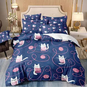 3-piece duvet cover set with cartoon cat pattern, using 3D digital printing technology, suitable for bedroom and guest room home décor (1 duvet cover, 2 pillowcases, duvet insert not included). Machine washable, zippered.