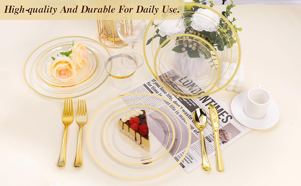 100PCS Clear Plastic Plates for Party, Disposable Plates with Gold Rim, Heavy Duty Dinner Plates for Wedding and Birthday 100PCS Clear Plastic Plates for Party, Disposable Plates with Gold Rim, Heavy Duty Dinner Plates for Wedding and Birthday