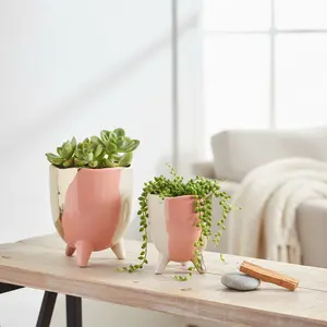 Set of 2, 5"& 4" 3-TONE FOOTED CERAMIC Planters Blush Pink Gold Cream Mid Century Modern Style