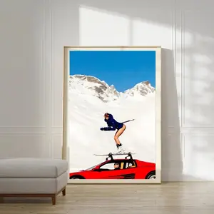 Bold Ski and Sports Car Poster, Retro Winter Sports Wall Art, Vintage Fashion Photography, Quirky Adventure Print