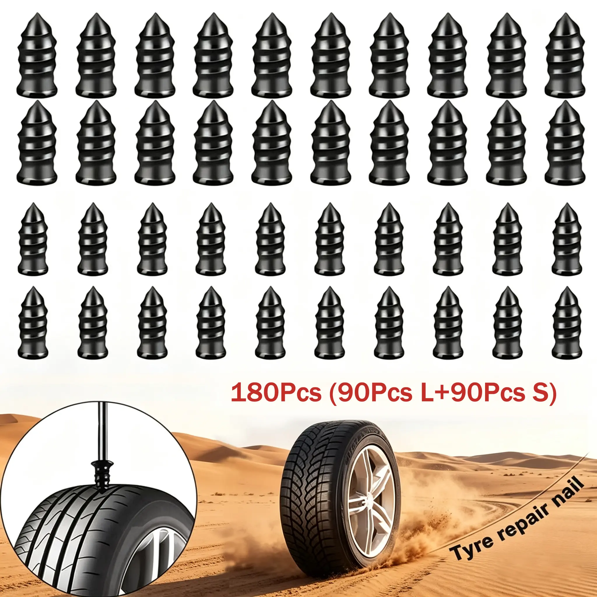 180/120/60Pcs Tire Repair Screws Plugs, Self-service Tyre Repair Vacuum Rubber Nails Kit for Car/Motorcycle/Truck/Tractor, 2 Sizes 5.2x12mm & 6.6x15mm, High-Quality Premium Rubber, Perfect Sealing, Emergency Fix