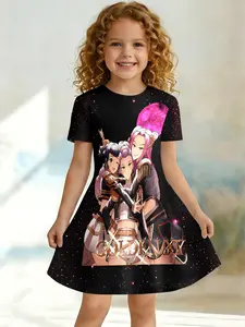 Girls Summer Anime Idol Print Dress, Kids Black Starry Sky Crew Neck Short Sleeve A-Line Skirt, Casual Princess Dress for Big Kids