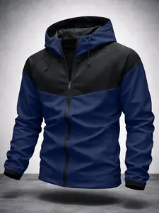 Full Zip Hooded Outdoor Jacket, Adjustable Drawstring, Windproof, Patchwork Design, Long Sleeve, Fitted, Casual, All Seasons