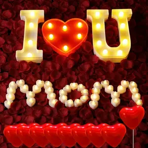 【MothersDayGift】I Love U Light Up Letters Proposal Decorations, I Love U Sign with 24Pcs Flameless Candles 1000Pcs Red Fake Rose Petals 30Pcs Red Balloons for Valentine's Day Wedding Proposal Romantic Night