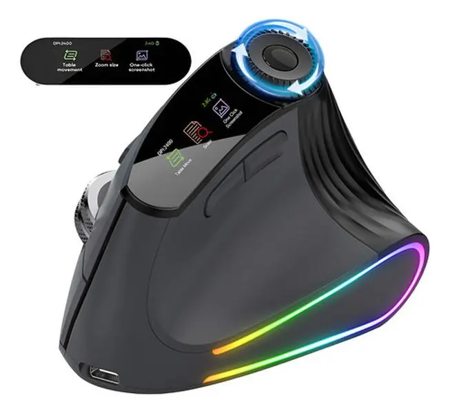 Jomaa Wireless Vertical Ergonomic Speed Roller Mouse Rechargeable Dual-Mode 2.4G+Bluetooth Mouse with Function Adjustment Knob RGB Backlit Mice for Laptop/Tablet, Windows