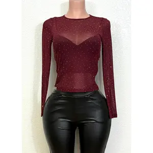 MAXIM BURGUNDY RHINESTONE EMBELLISHED MESH LONG SLEEVE KNIT TOP