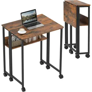 Folding Desk Rolling Desk with Storage Shelf, Foldable Computer Table with Wheels, Portable Office Desk for Small Space Sofa Table, Easy to Fold, Writing Work Office Computer Desk