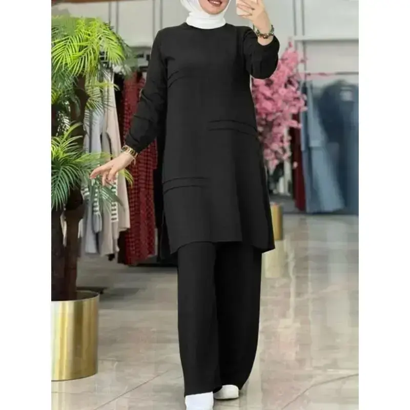 Two Piece Sets Shirt Dress &Pants Women Muslim Suits Shirt Blouse Moroccan  Islamic Dress Sets