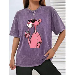 LeoMiles Cool Pink Panther Boba Tea Graphic Tee - Vintage Washed Women T-shirt, Retro Aesthetic Short Sleeve Top, Trendy Bubble Tea Lover Gift