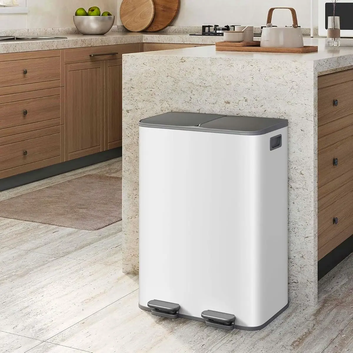 Garvee Upgraded Trash Can with Lid, Stainless Steel Garbage Can for Kitchen with Step-on Dual Compartments, Large Recycling Bin with Removable Plastic Inner Bucket, Rectangular Waste Bin (White, 2 x 8 Gallon)