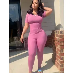 summer work outfit Solid Knitted Ribbed Tracksuit Women Two Piece Set Sporty Fitness T-shirt Top and Legging Matching Sets Workout Casual Outfits