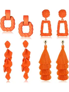 4 Pairs Statement Earrings Drop Raffia Earrings Dangle Geometric Earrings Boho Long Tassel Earrings Hot Pink Earrings for Women Girls Boho Style Jewelry