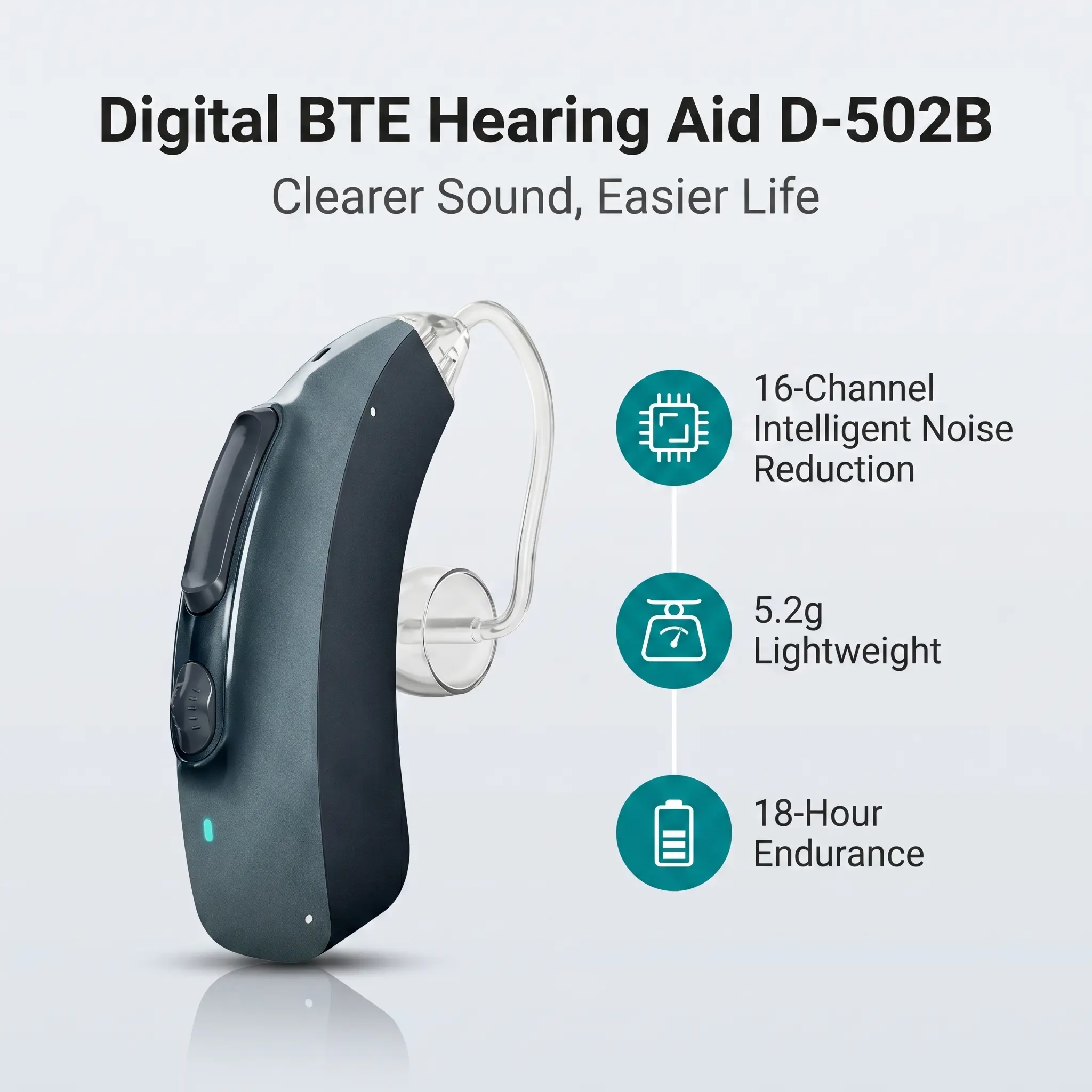 Coniler D-502B OTC Digital BTE Hearing Aids for Adults. Magnetic charging, noise cancellation, clear stable sound, long battery life, ideal for indoor & outdoor daily use.