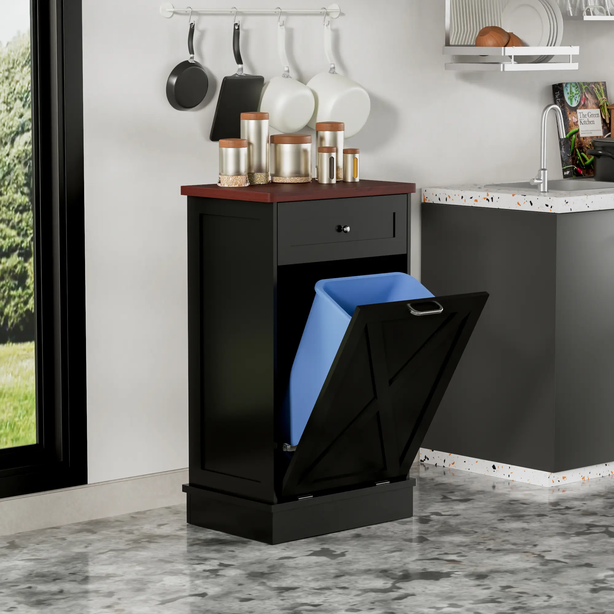 Topwin X-Type Single Door Lidded Garbage Cabinet - Black X-Shaped Panel Garbage Can, Minimalist Waste & Recycling Storage Unit for Kitchen, Office Organizing