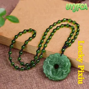 UYYFCA  Unisex Green Jade Hand-Carved Pixiu Pendant Necklace, 70cm Adjustable Beaded Chain, Auspicious Wealth Protection Amulet for Daily Wear, Gifting and Special Occasions