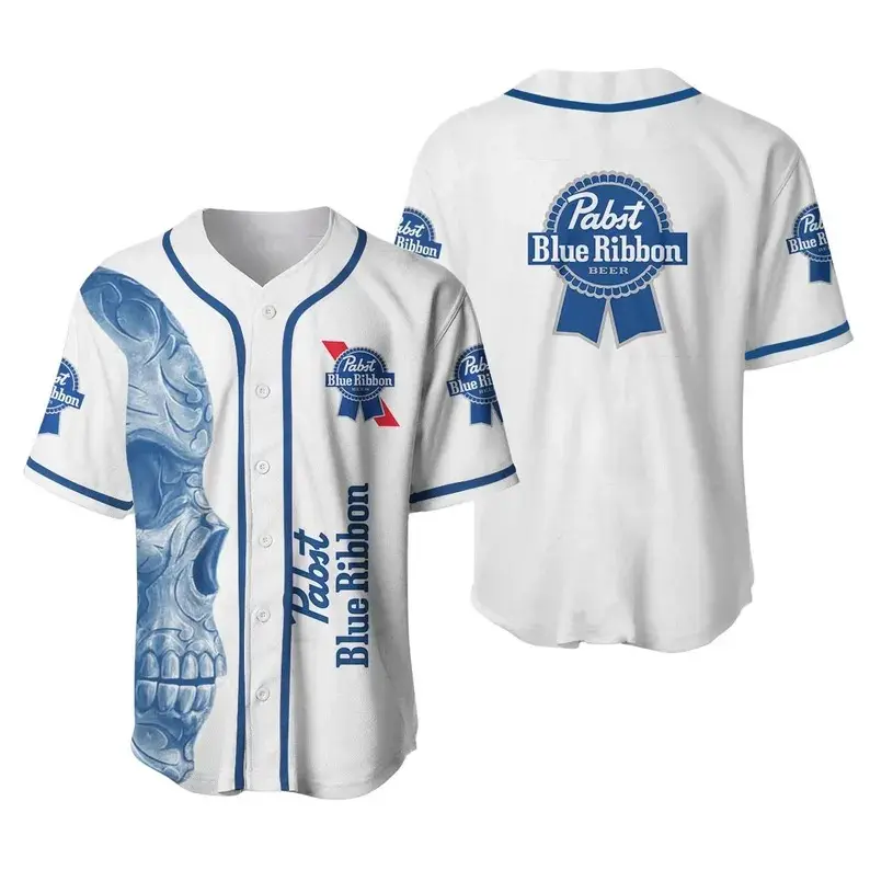 Pabst Blue Ribbon Skull Baseball Jersey Gothic Horror Beer Print Oversized Unisex Streetwear Summer Casual Men Women USA Halloween Party Beer Lover Festival Shirt
