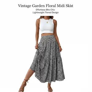 Women's Vintage Garden Floral Midi Skirt, Womenswear, High Waist Slimming, Lightweight Flowy Fabric, Casual Daily Wear, Vacation, Music Festivals