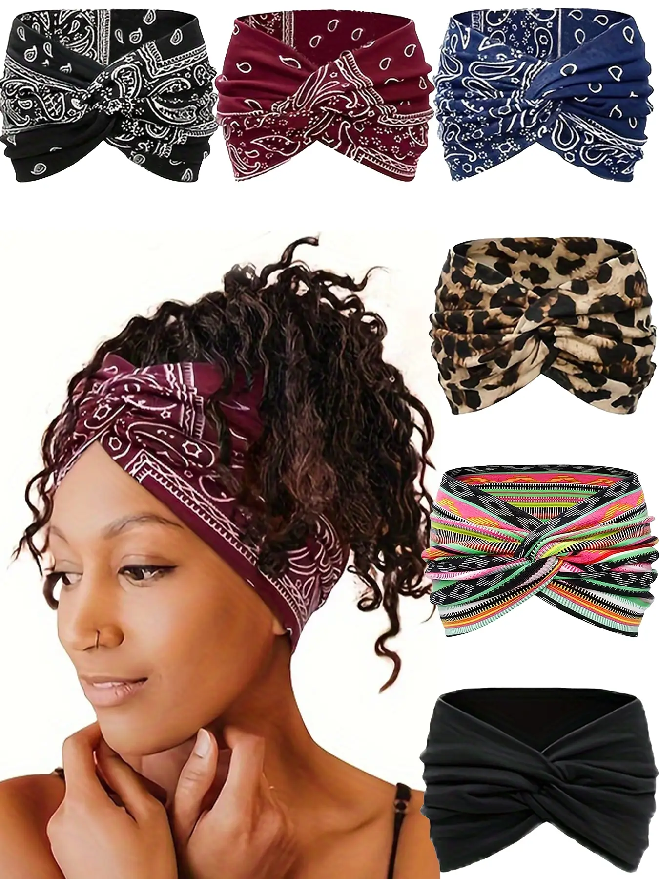 Stylish crossover bohemian hair bands with diverse patterns like leopard and paisley prints. Elastic, comfortable, non-pinching, anti-slip wide-band—m