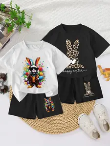 Boys' Summer Fashion Cool Easter Series Rabbit Egg Print Short Sleeve T-Shirt + Casual Comfortable Shorts Set, Unisex Kids Clothing Gift