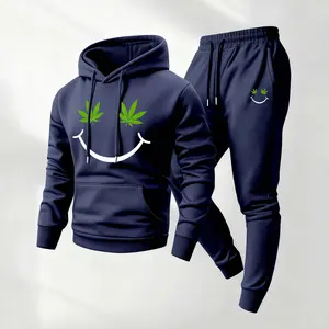 Men's Hemp Leaf Smile Print Hoodie and Drawstring Sweatpants Set, Menswear, Casual Athletic Long Sleeve Hooded Jacket & Trousers for Fall & Winter, Men's Clothing for Daily Wear, Sportswear Indoor Outdoor, Tracksuit, Athleisure
