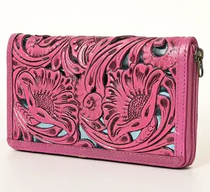 American Darling Pink Hand-Tooled Genuine Leather Western Wallet Bag with Floral Carving