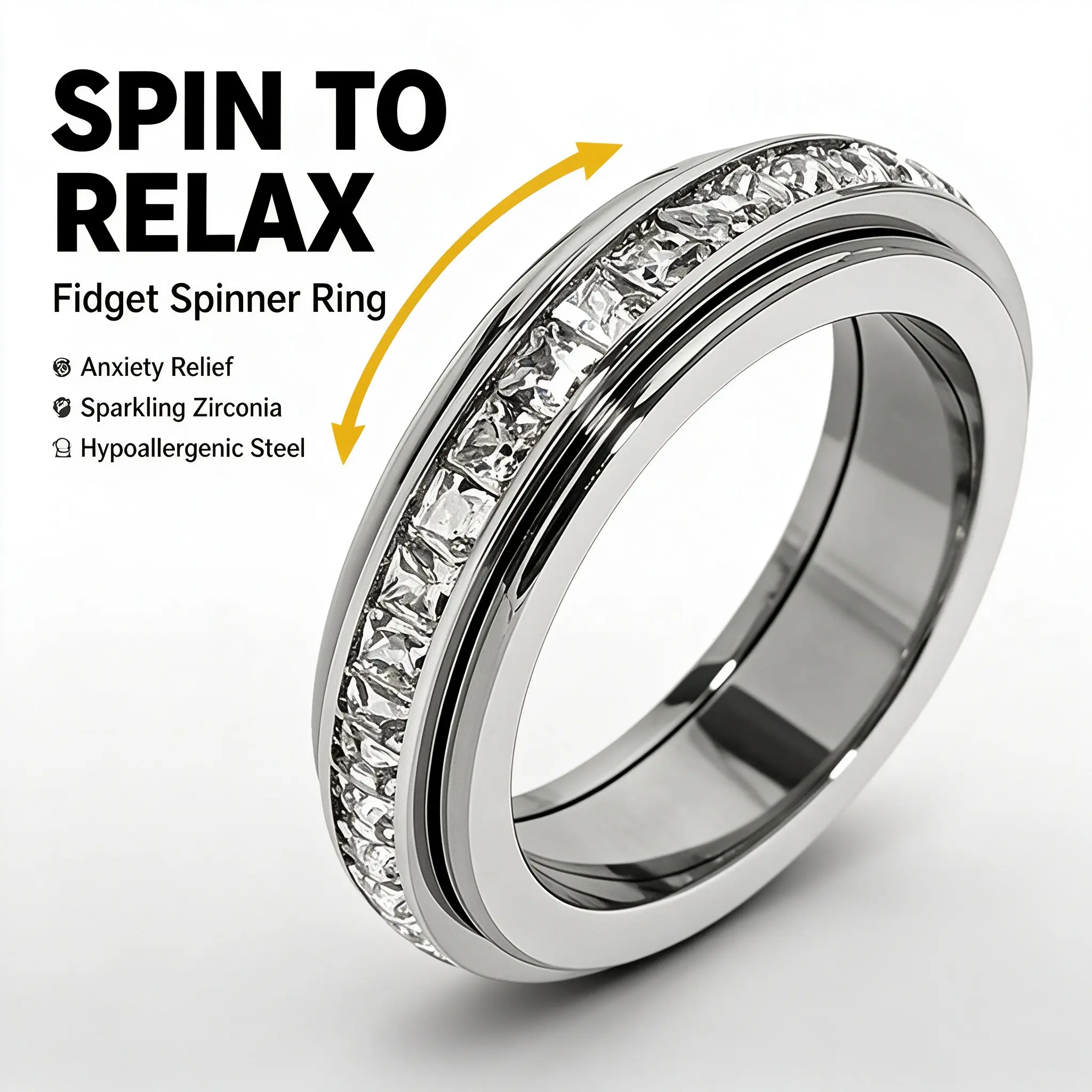 Women's Titanium Steel Geometric Anxiety Ring with Cubic Zirconia - 360-Degree Rotatable Fidget Band, Comfort Fit, Adjustable Wearable Rings, Sizes 6-12, Everyday Stress Relief Jewelry & Accessories, Gift Option