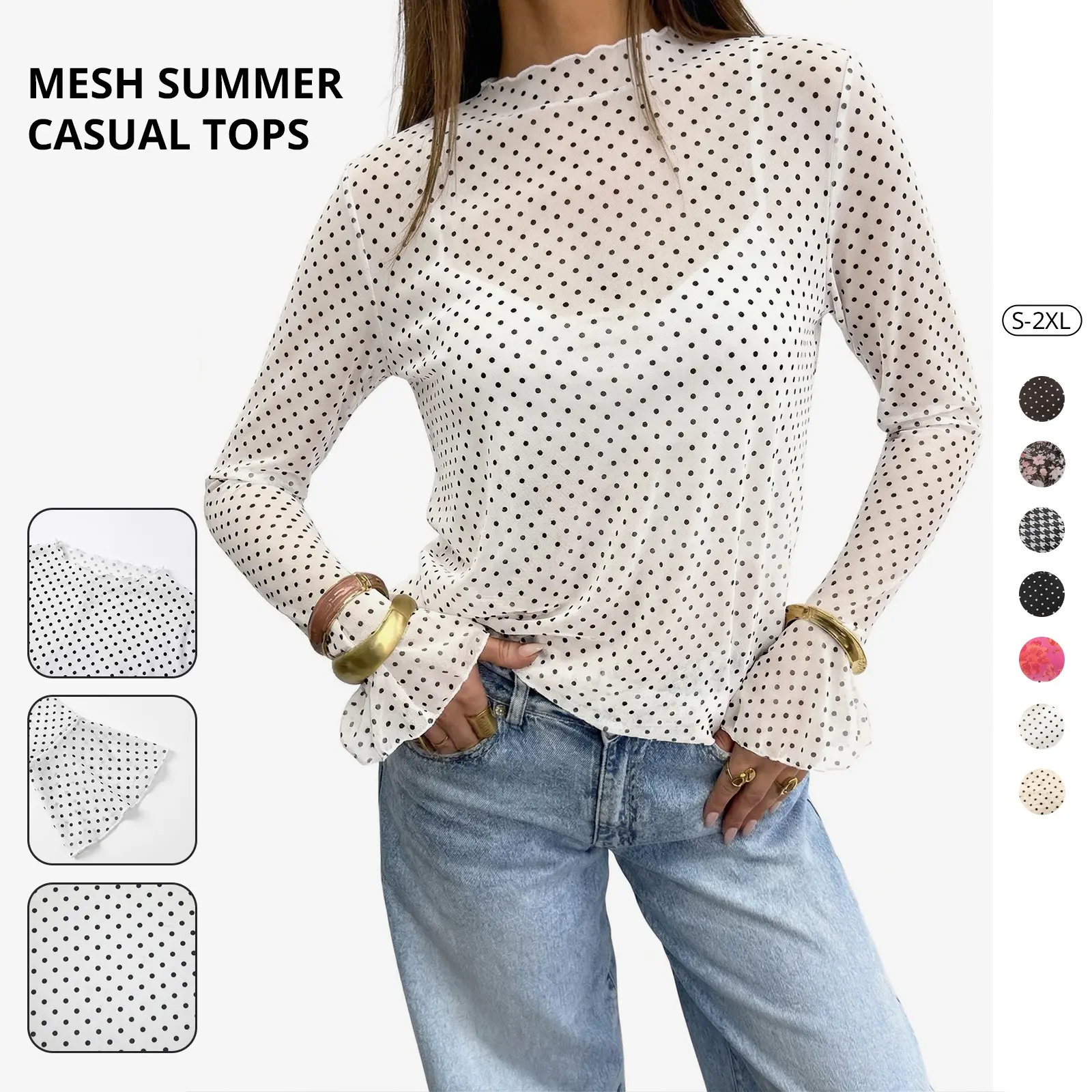 Tankaneo Womens Mesh Polka Dot Tops Bell Sleeve High Neck Summer Casual Blouse Trendy Loose Fit Y2K Going Out Tee Shirts