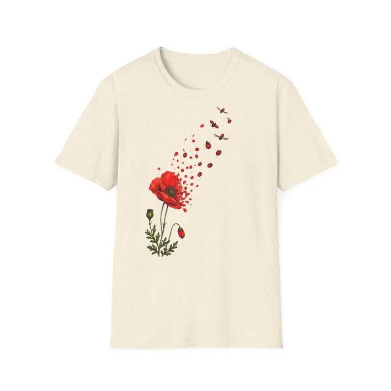 Women’s Floral Ladybug T-Shirt, Poppy Flower Graphic Tee, Botanical Shirt