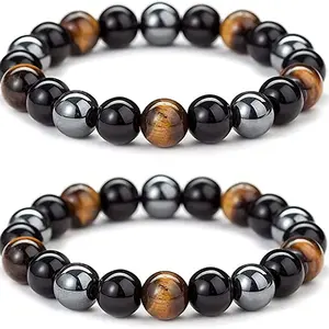 Triple Protection Bracelet, Tigers Eye - Black Obsidian and Hematite Beaded Bracelets for Men Women, Tourmaline Spiritual Natural Crystal Stone Luck Bracelet, Birthday Mother's Day Gift