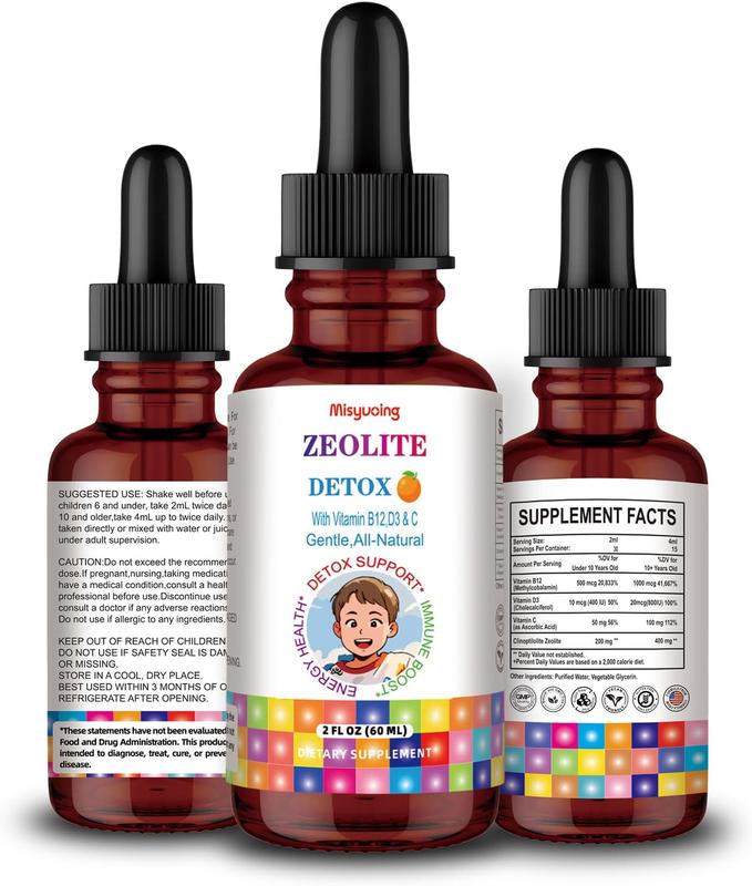 Zeolite for Kids&Adults Supports Cell Restoration,Natural Body Cleanse,Support Digestive Health,Immune System,Improves Focus,Vitamin B12, D3&C, Sugar-Free (60ml, Lemon)