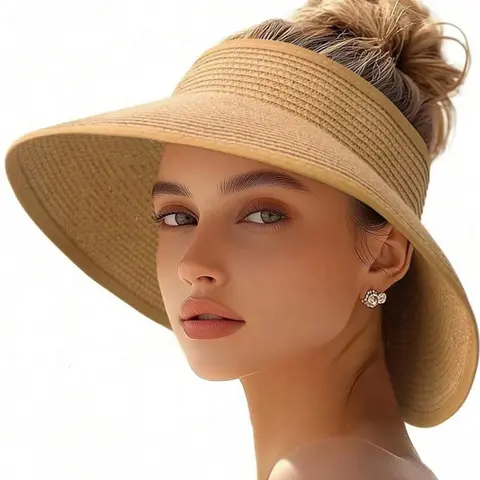 Women's Vintage Bohemian Wide Brim Woven Straw Visor, Foldable Lightweight Portable Beach Sun Hat for Outdoor & Daily Wear