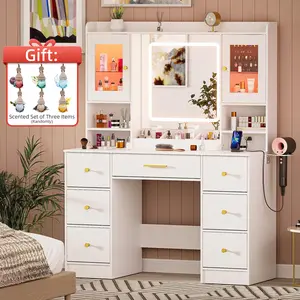 LAKEMID 7 Drawers White Vanity Table with Power Outlet, Lighting Mirror, Hair Dryer Rack, and RGB Cabinets, LED Lighted Vanity Desk Set light up Large sound sync Dimmable makeup 【Summervibes】