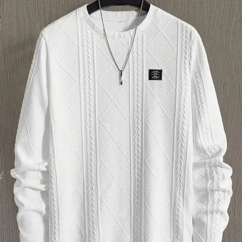 Men's Regular Fit Patchwork Details Textured Knit Tops, Casual Long Sleeve Round Neck T-shirt for All Seasons, Men's Top for Daily Wear, Knitwear, Fitted, Soft Knit Top