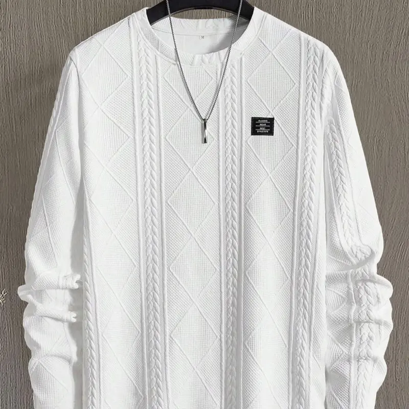 Men's Regular Fit Patchwork Details Textured Knit Tops, Casual Long Sleeve Round Neck T-shirt for All Seasons, Men's Top for Daily Wear, Knitwear, Fitted, Soft Knit Top