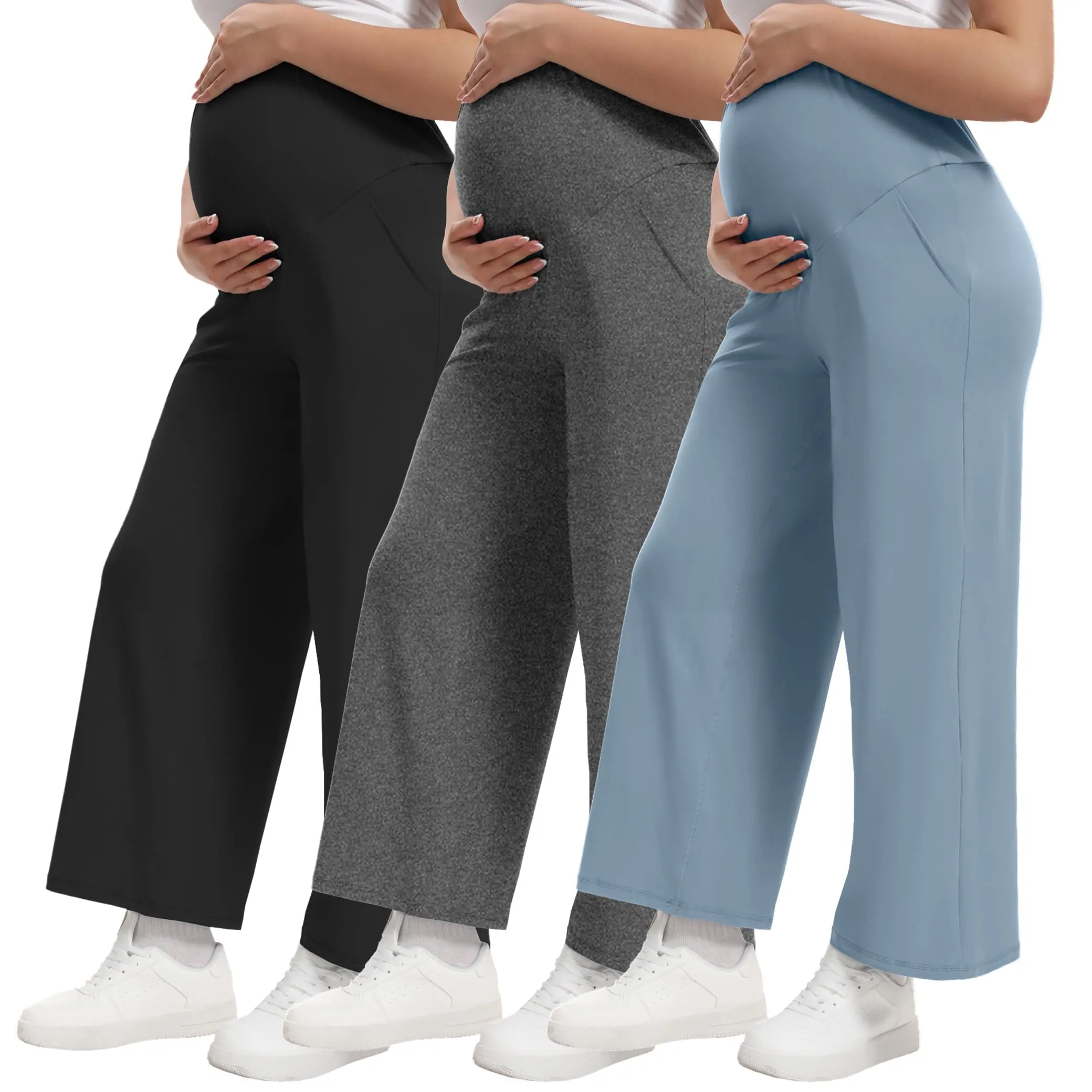 Cymebosilux Maternity Clothing, 3-Pack Plain Straight Leg Yoga Pants with Over-the-Belly Waist for Baby Bump Support, Bump Friendly, Bump Friendly Outfits