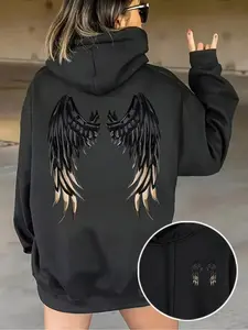 Women's Graphic Print Wings Hoodie with Drawstring Pocket, Casual Loose-Fit Thick Knit Fabric, Fall Winter Fashion Loungewear Sweatshirt Tops for Daily Wear Outdoor Activities