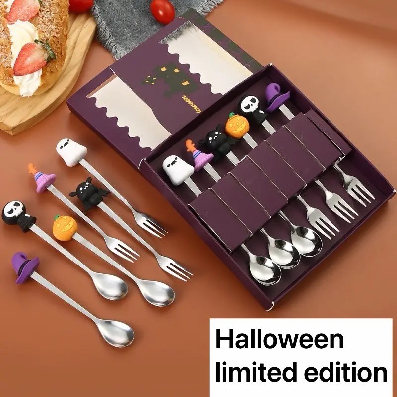 Halloween Stainless Steel Cutlery Set, Tableware Sets, Durable Tableware, Dinnerware, Tableware Kit, Kitchen Dining Utensils, 6-Piece Colorful Dessert Spoons & Fruit Forks, Long Handle Stirring Spoon, Perfect Gift Idea