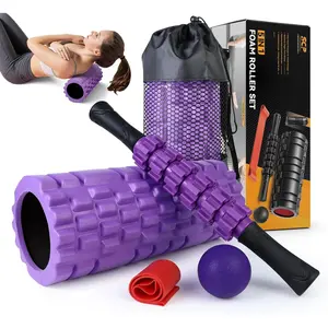 5 in 1 Foam Roller Set for Deep Tissue Muscle Massage High Density Trigger Point Fitness Patented Exercise Foam Roller Massage Ball Resistance Band for Whole Body Purple